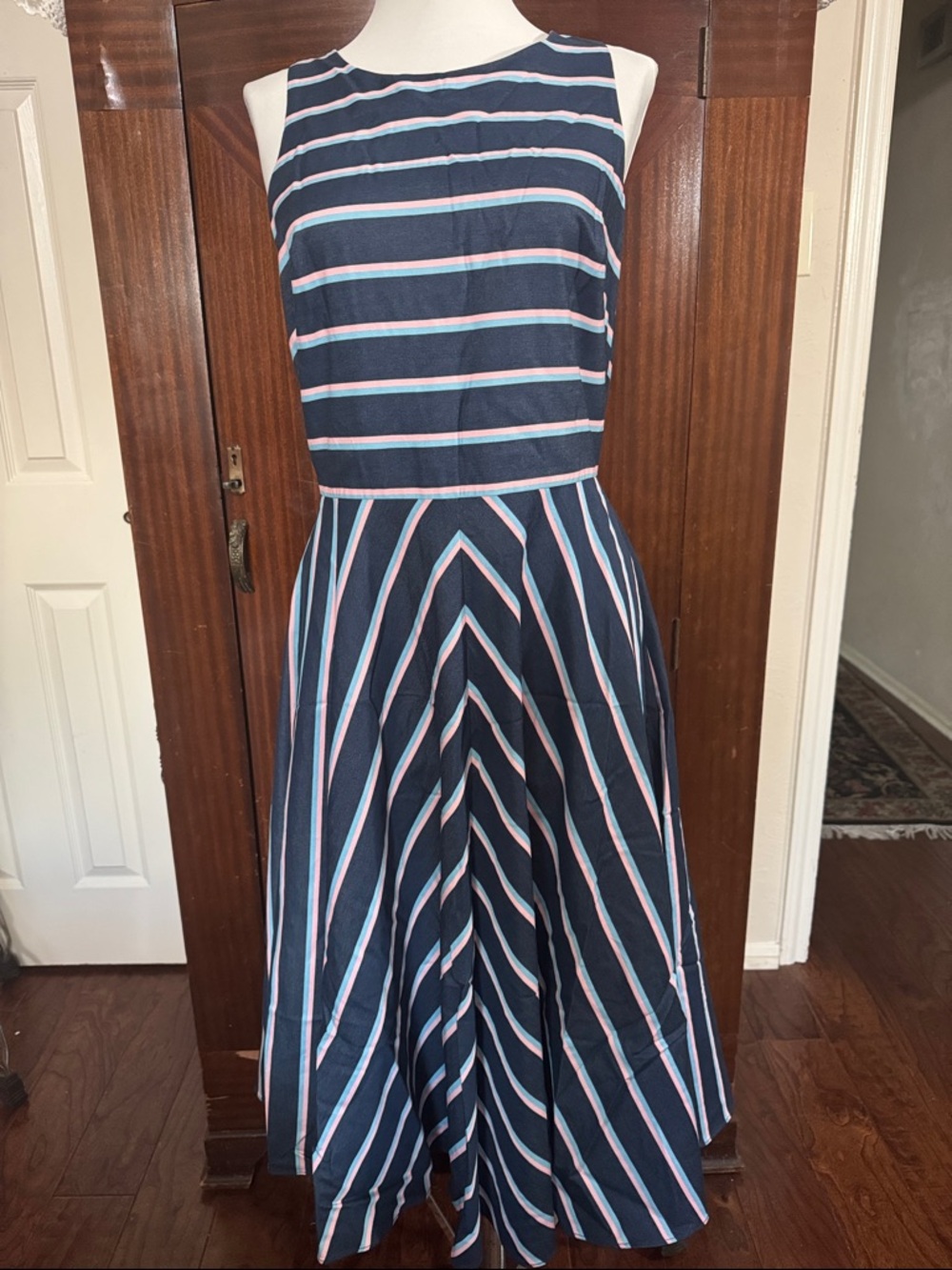 Eliza J Navy, White & Pink Striped Midi Dress